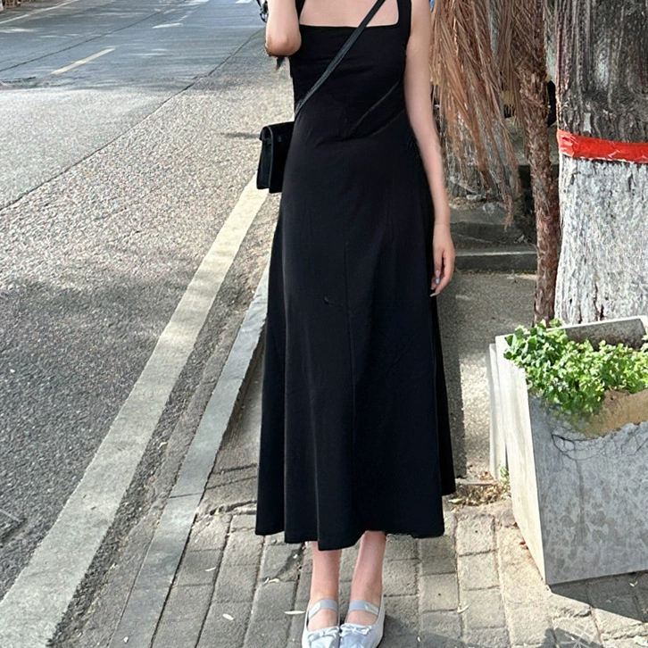 Платье-жилет в европейском и американском стиле для девочек, длинное платье для миниатюрных женщин, облегающее платье в пол, облегающее платье, маленькое черное платье на тонких бретельках.