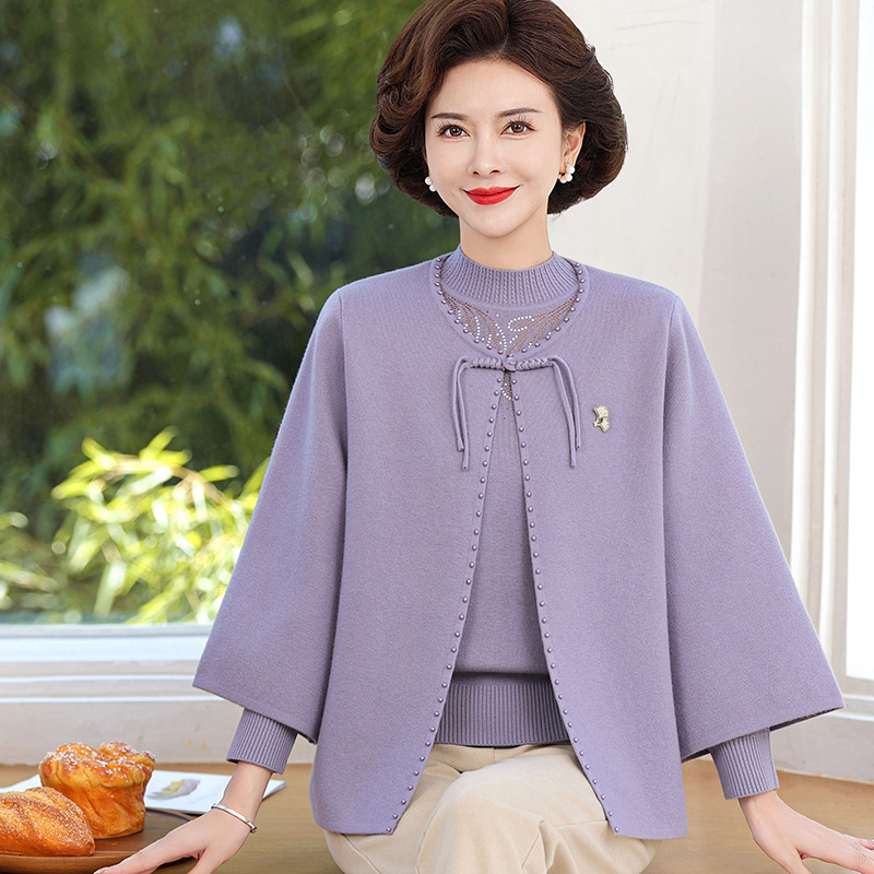 お母さんの秋の服装の気質の高貴なセーターの2つのセットの中で老年の婦人服の洋風のメリヤスのカーディガンの喜姑の披露宴の服|undefined