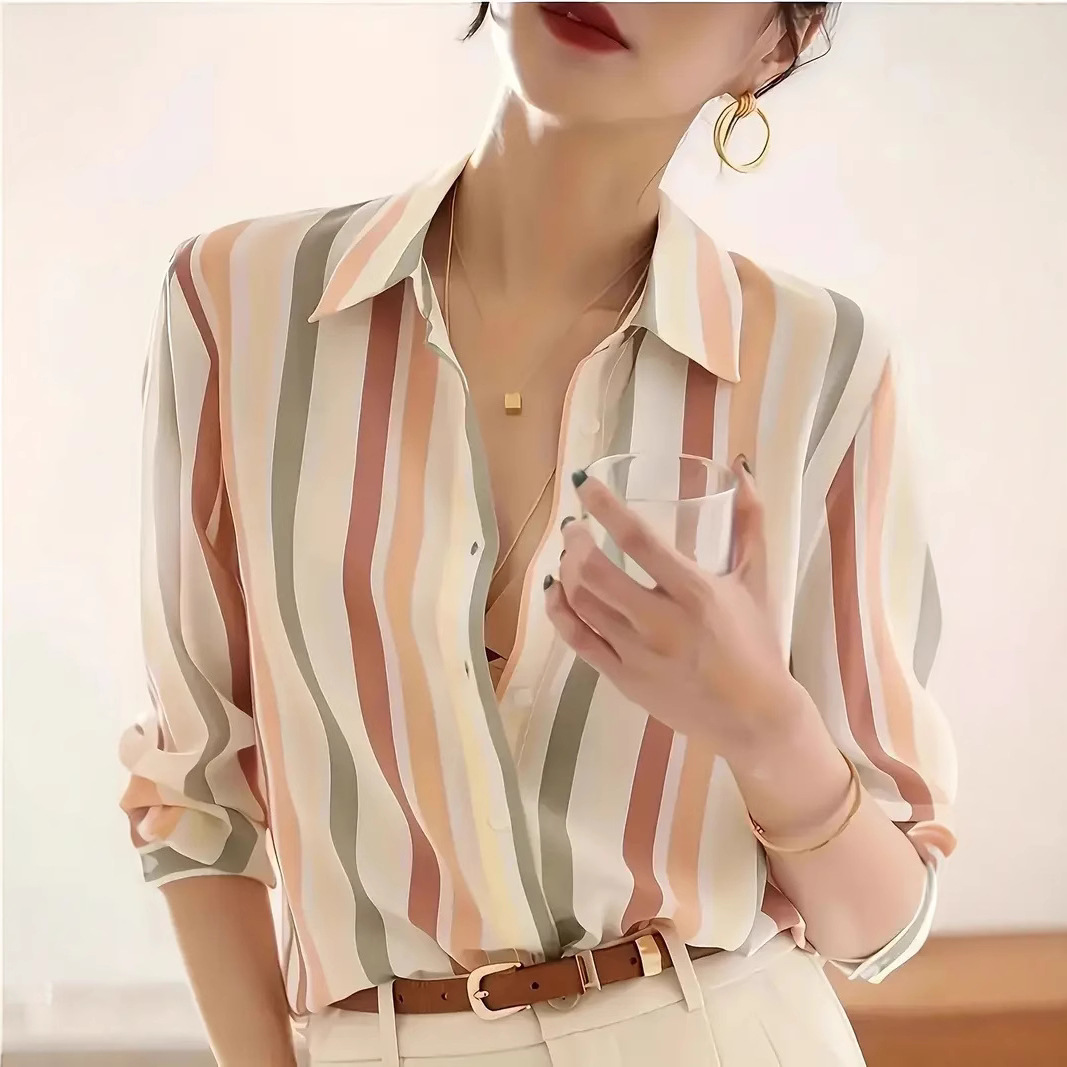 In-Stock Cross-Border European and American Women's Clothing Amazon 2025 Autumn Fashion Stylish Striped Shirt Vintage Lapel Loose Shirt