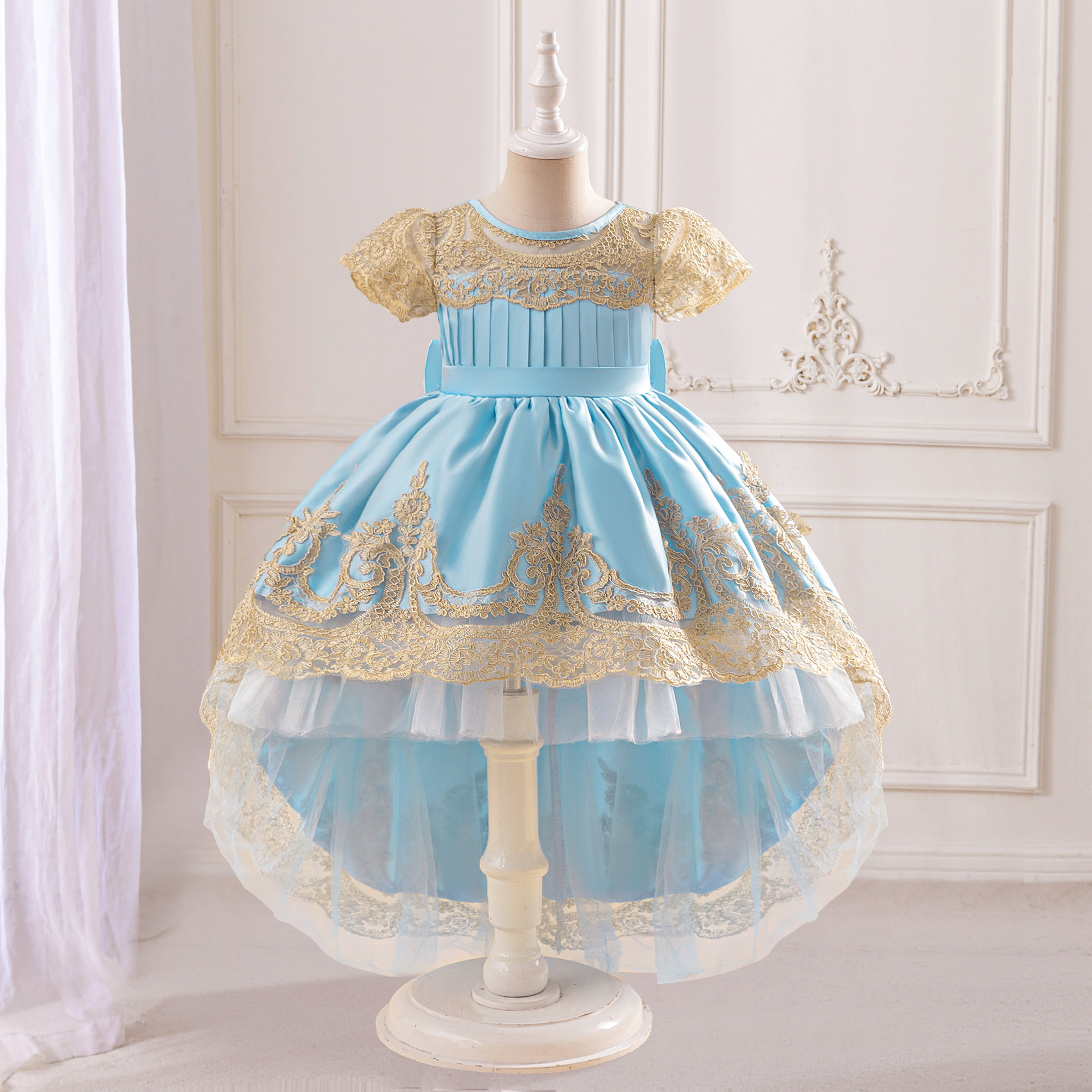 vestido de niña vestido de princesa bordado burbuja manga arco de cola vestido de fiesta de cumpleaños vestido de princesa de comercio exterior