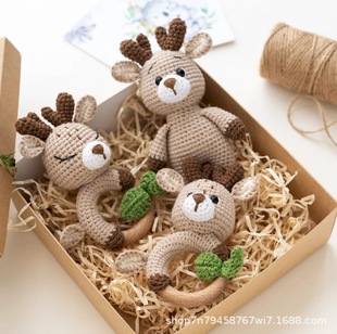 Cross-Border Hot-Selling Handmade Crocheted Christmas Elk Doll Cute Elk Rattle Set Beech Wood Ring