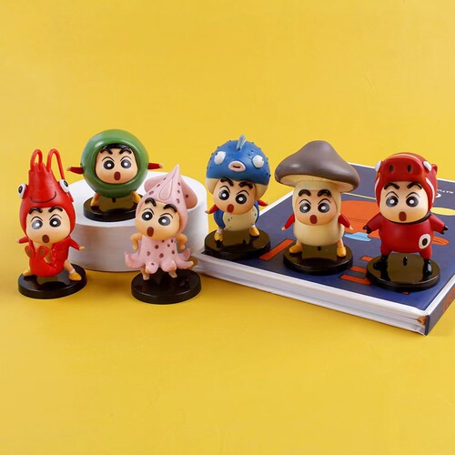 Q version solid PVC seafood ingredients Crayon Shin-chan 6-piece set with base, car ornaments, anime figure model