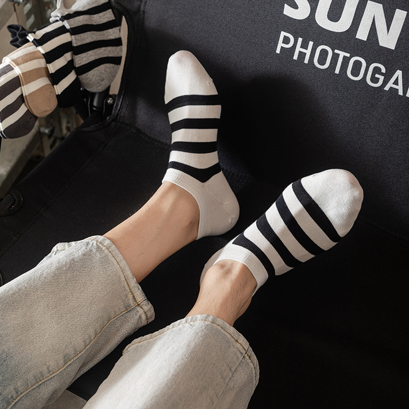 Men's Boat Socks Summer Thin Combed Cotton Striped Simple Basic All-match Men's Sports Socks Men's Socks Breathable