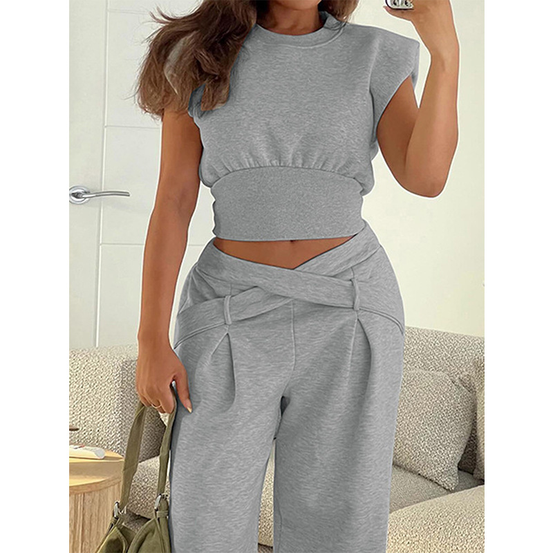 2025春季时尚休闲女式套装欧美跨境修身露脐纯色短袖长裤oversize