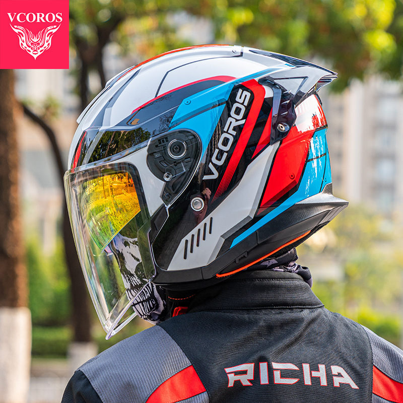 이탈리아 VCOROS 3/4 헬멧 오토바이 남성과 여성의 여름 더블 렌즈 오토바이 전기 자동차 하프 헬멧
