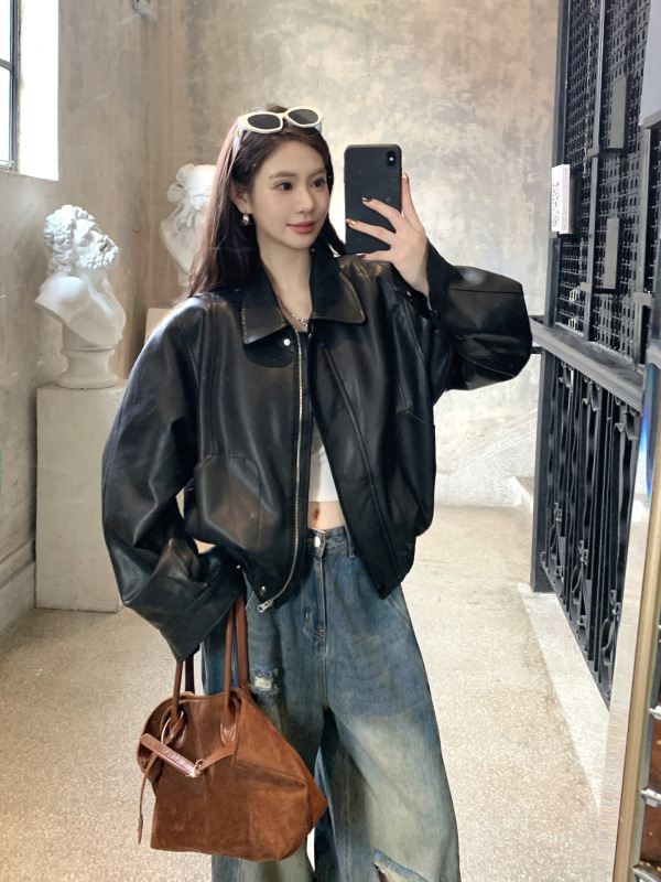 |街头画报|小个子百搭高级感皮夹克女羊皮机车夹克皮衣外套女春|undefined