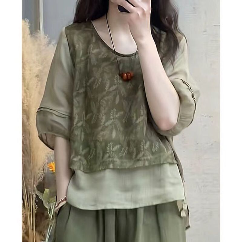 ファッショナブルな大きいサイズのコットンとリネンのスーツ女性のための夏の新しいルーズスリミングプリントスプライシングトップハーレムパンツツーピーススーツ|undefined