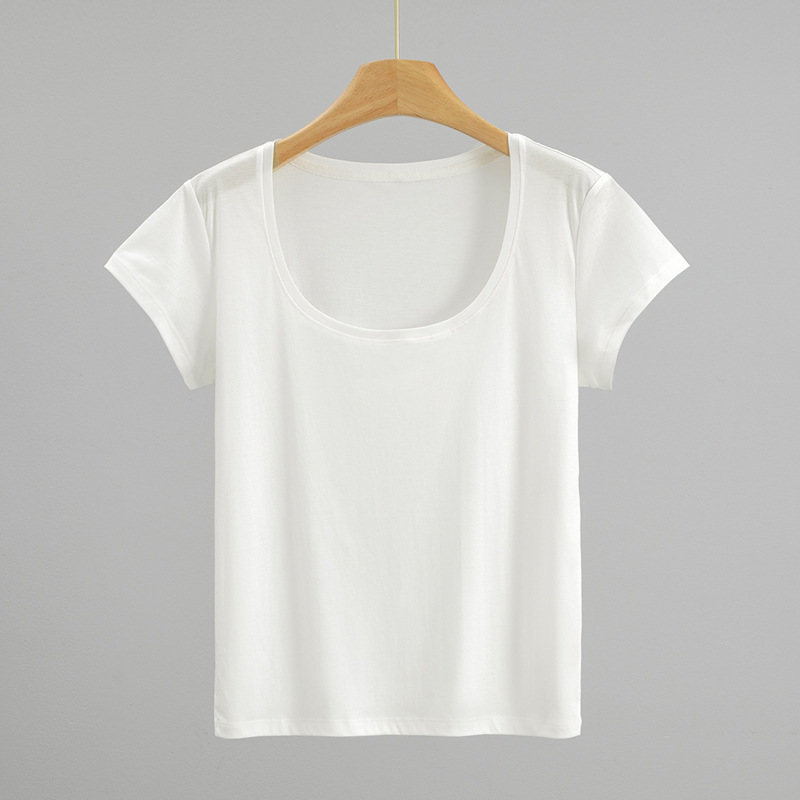 Minimalist ROW style 100 high-thread count liquid ammonia double-sided Pima cotton U-neck black two-color casual short-sleeve T-shirt top for women Minimalist ROW style 100 high-thread count liquid ammonia double-sided Pima cotton U-neck black two-color casual short-sleeve T-shirt top for women