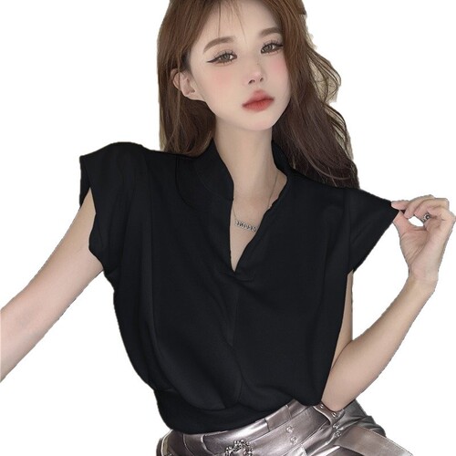 Korean casual fashionable temperament sleeveless top 2025 summer new style high-end royal sister fan V-neck waist T-shirt for women