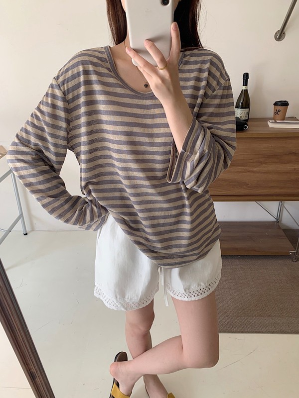 夏の新作シンプルUPトーンルーズVネックストライプ長袖Tシャツカジュアル韓国風万能痩身日焼け止めトップ|undefined