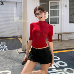 2025早秋新款御姐辣妹风修身半高领中袖T恤女气质百搭显瘦上衣