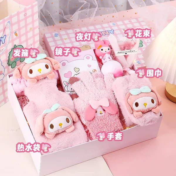 Gift box, scarf, water container, gloves, headband, night light, mirror, bouquet