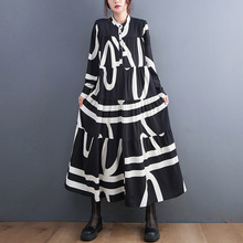 实拍2025春秋季新款宽松大码黑白色条纹印花长袖连衣裙衬衫