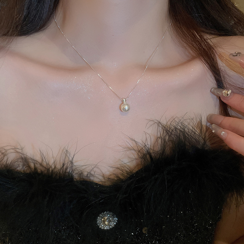 Modische französische Halskette mit einzelnem Perlenanhänger, leichte Luxus-Halskette, kleine vielseitige, hochwertige und elegante Halskette_voghion.com