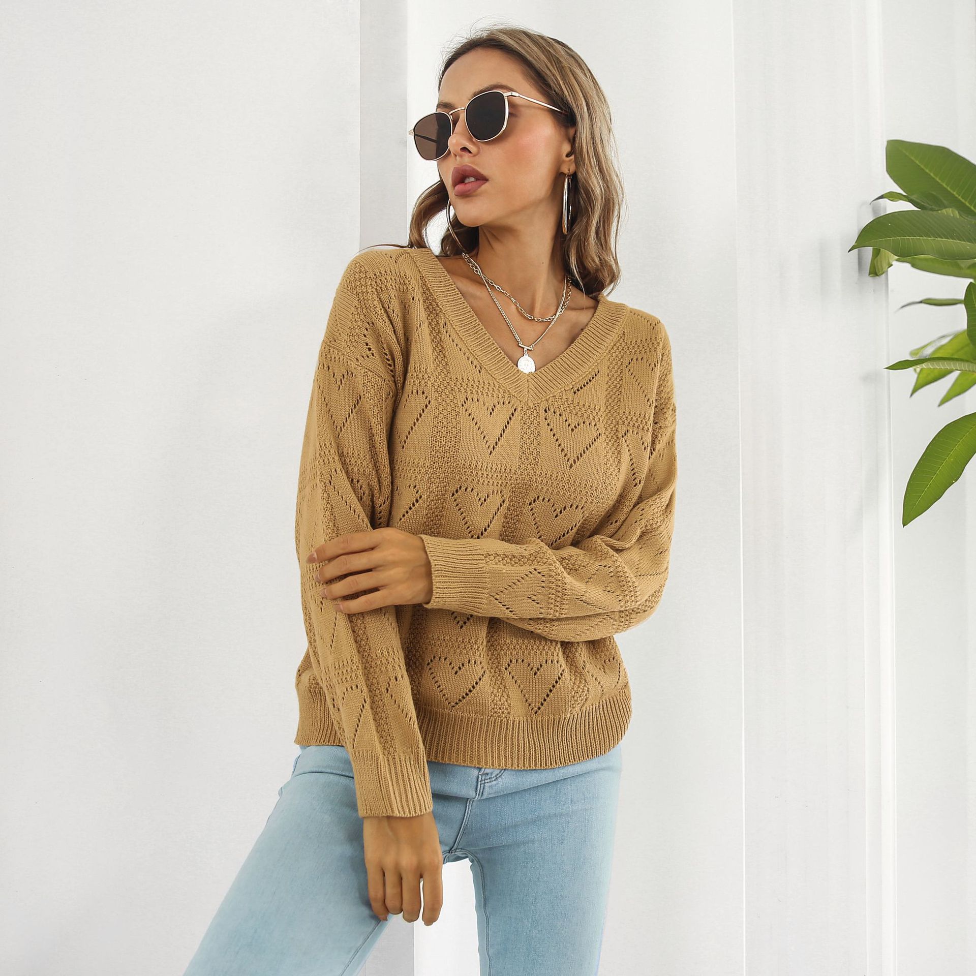 Damen Pullover Mit Herz-muster Und Lochstrick Für Herbst Und Winter_voghion.com