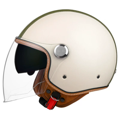 Motosiklet kaskı (dəbilqə) — half helmet double mirror helmet - two-color-strip-off-white-long-outside-and-tea-inside-m