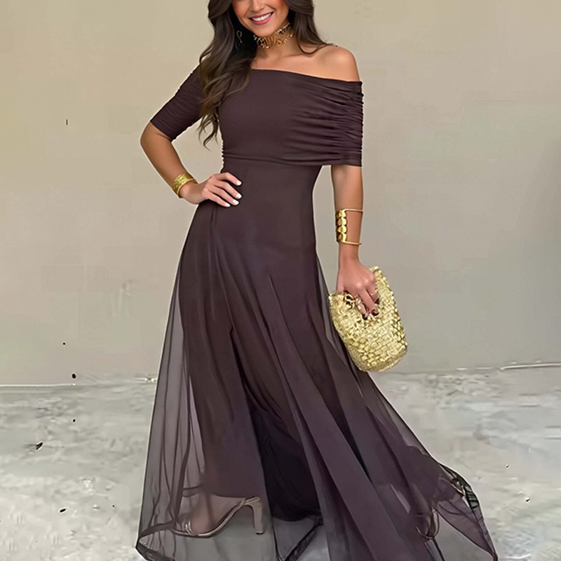 Women's Autumn New Cross-Border Fashion European and American Elegant Style One-Shoulder Mesh Semi-Transparent Long Dress Early Summer Mesh Dress