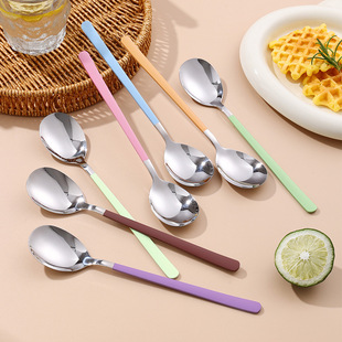 Korean Style 304 Stainless Steel Spoon High Color Value Net Red Dessert Spoon Cream Style Long Handle Mixing Spoon Household Dining Spoon