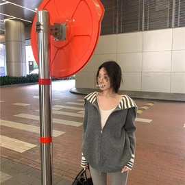 韩国代购撞色条纹海军领慵懒针织开衫设计感小众宽松外套