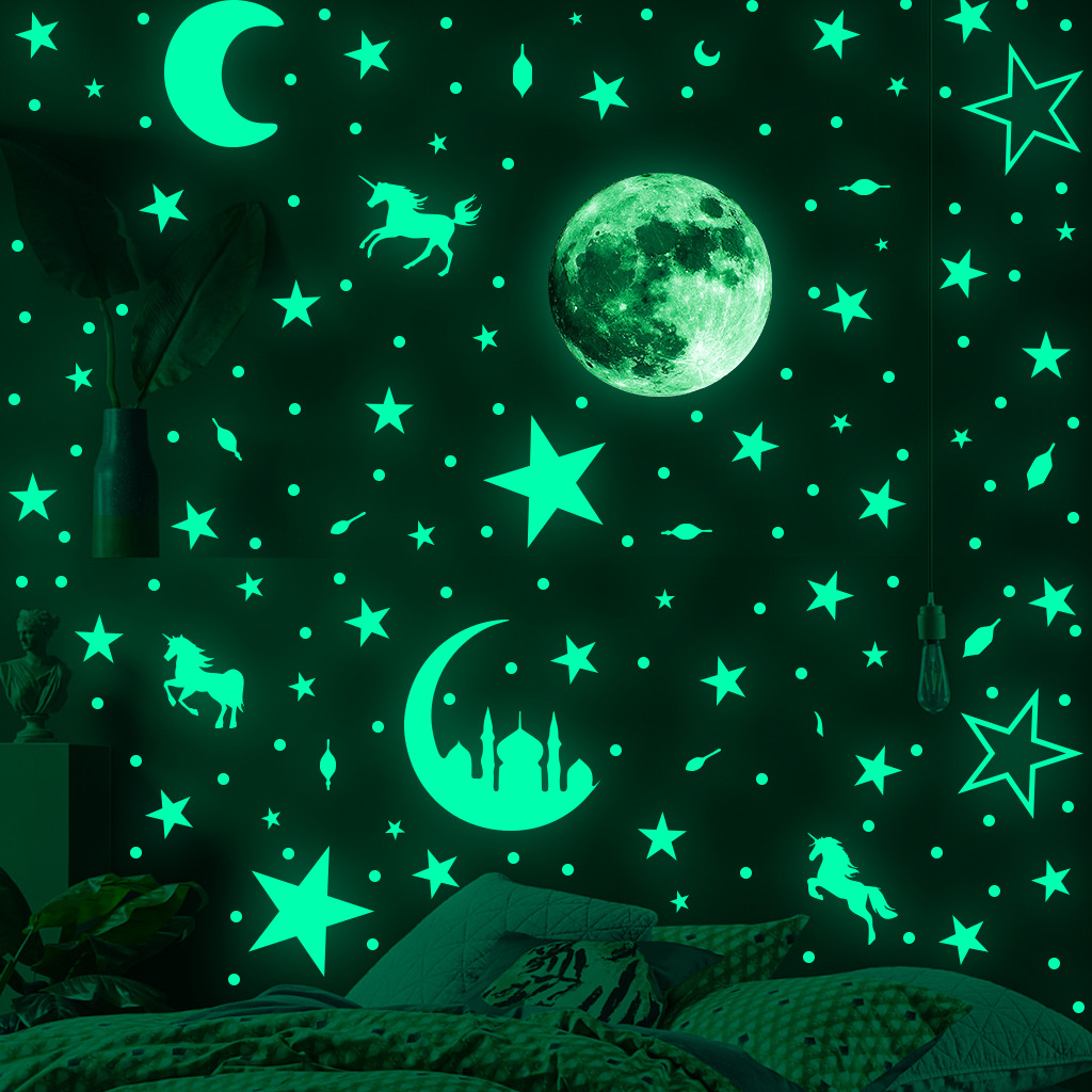 星空月亮独角兽城堡夜光贴纸星星发光贴纸 绿色蓝色夜光星星墙贴