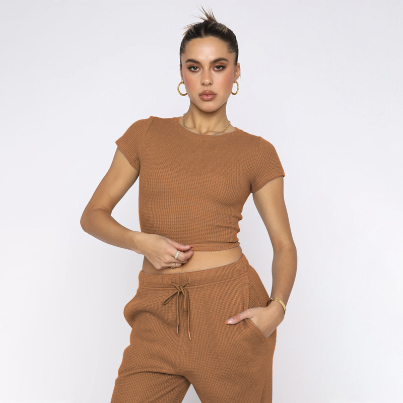 Spring Summer Solid Color Waffle round Neck Short Sleeve Women Clothing Casual Trousers Sets
