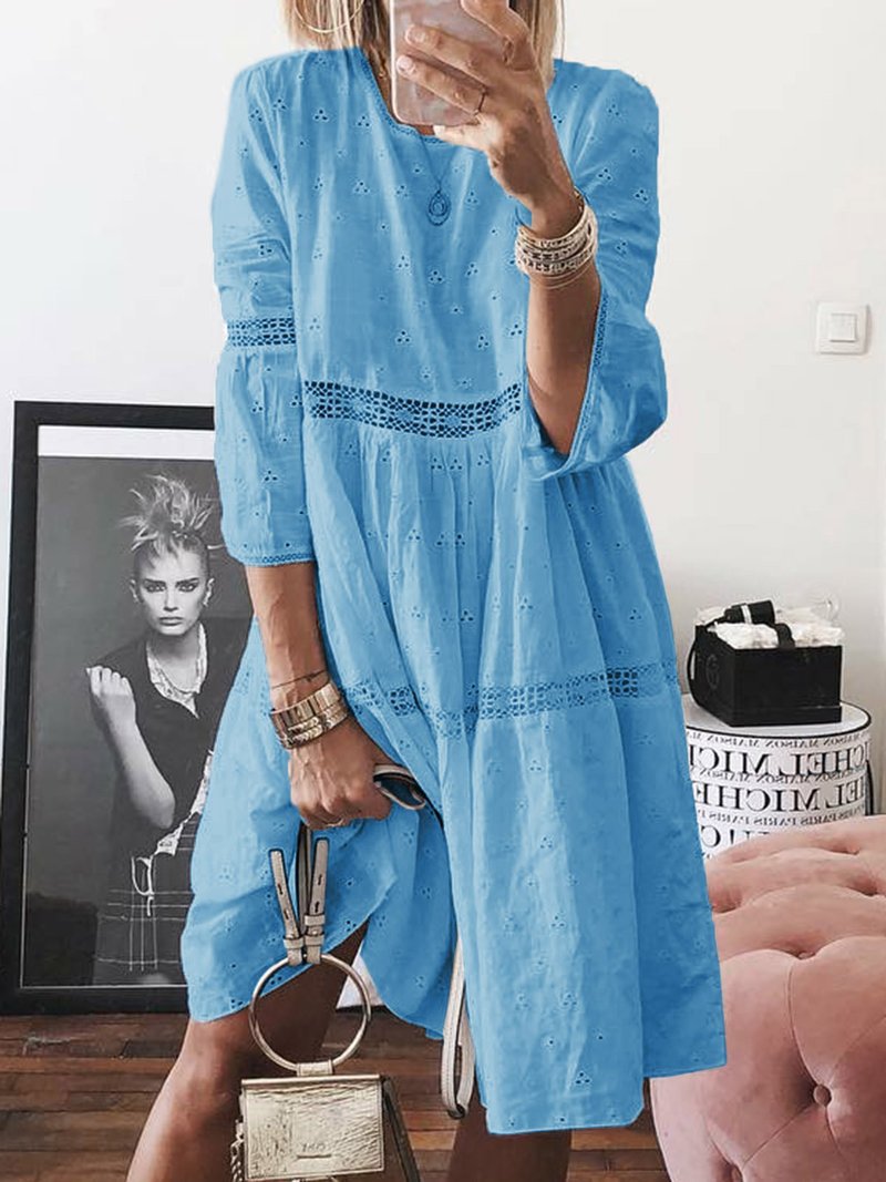 Loose Version Solid Color Pattern Summer, Spring Season Wholesale Women'S Vacation Jacquard Solid Color Holiday Street Round Neck Half Sleeve A-Line Skirt