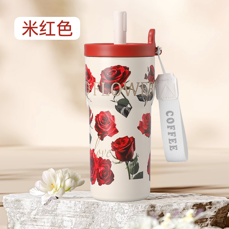 不锈钢保温杯女生高颜值大容量玫瑰咖啡吸管水杯学生杯便携保温保