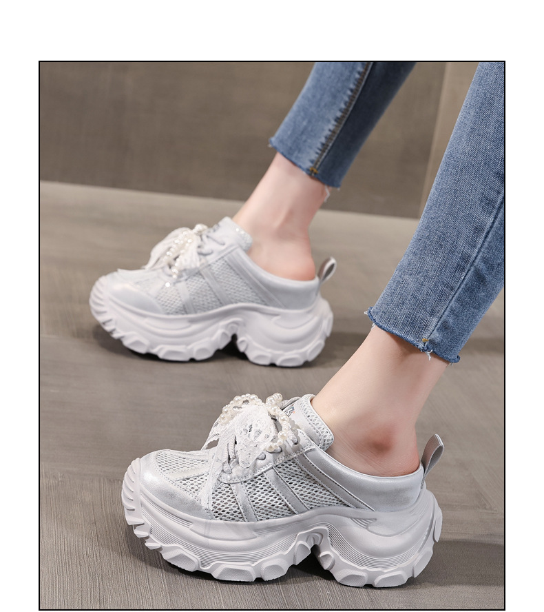 Dép lê bít mũi sneaker nữ đế dày tăng chiều cao mặt lưới thoáng khí — Màu trắng, Màu bạc chi tiết 15