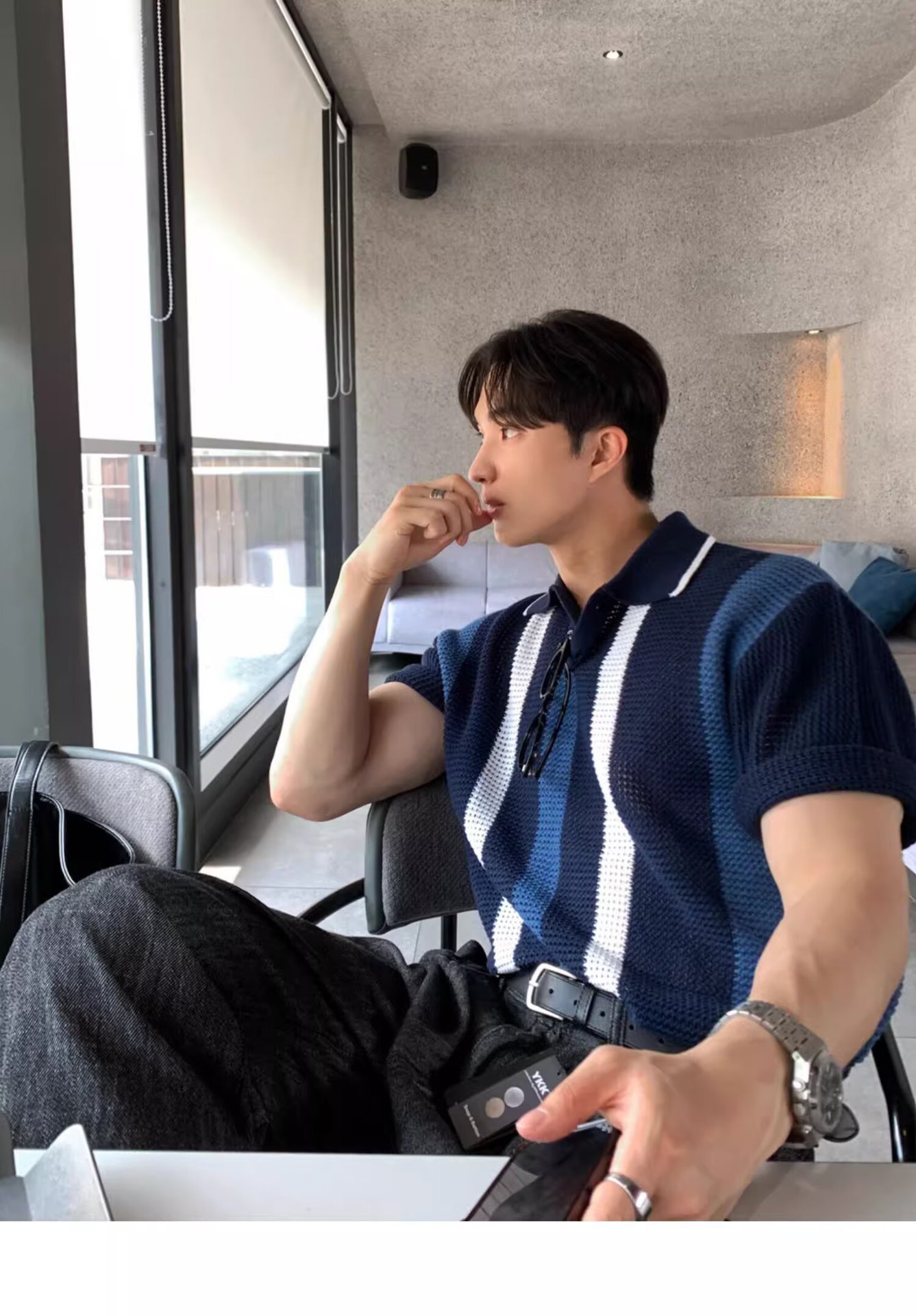 Men's High Quality Breathable Hollowed Out Color Block Knit Polo Shirt Korean Style Vertical Striped Short Sleeved T-Shirt For Spring/Summer_viptrois.com