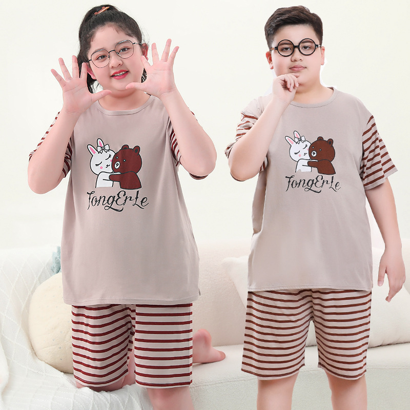 太った子供服の男の子の大きいサイズの夏服の薄いタイプのエアコンの服は肥えて家の服の青少年のパジャマの2セットのファッションを増加します。|undefined