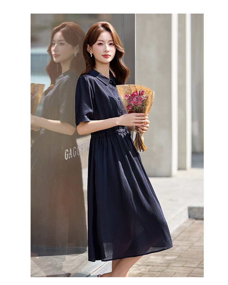 Đầm suông nữ midi dây rút eo cổ điển tay ngắn — Xanh lông mòng đen, màu đỏ chi tiết 11