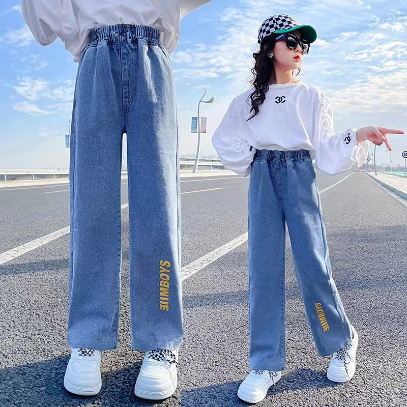 女の子のワークジーンズ春と秋の新しい工場子供服卸売中型および大型子供用ストレートレッグルーズワイドレッグ子供用ズボン|undefined