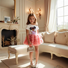 跨境外贸速卖通卡通图案印花童装夏季新款女童短袖T恤+蛋糕裙套装