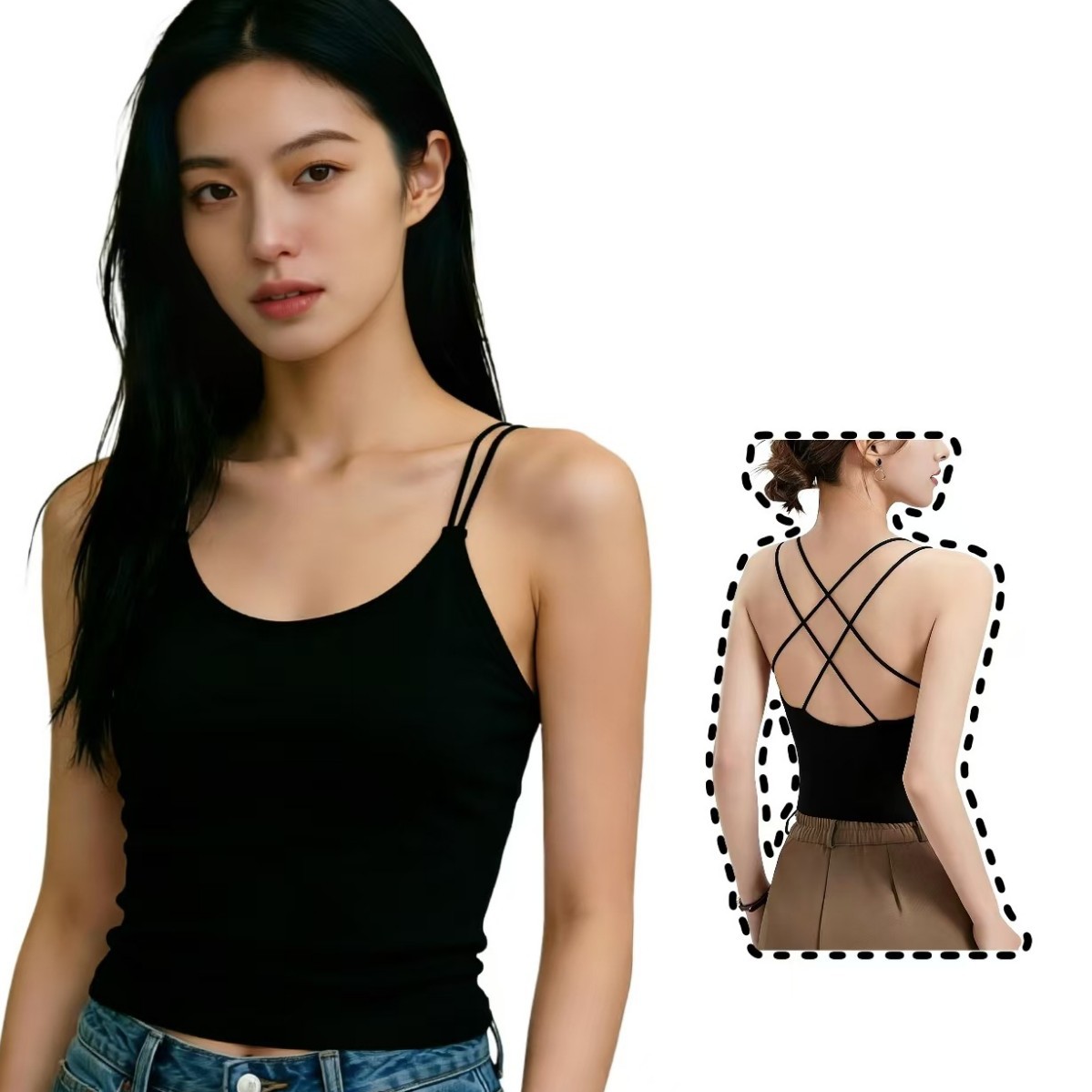 Tencel Lyocell Double Shoulder Straps with Cross-Back Fixed Chest Pads, Sexy Outerwear Camisole That Enhances the Beauty of the Back and Makes You Look Slimmer, Suitable for Layering