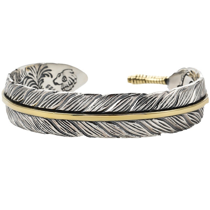 Tang-Style Feather Open Bracelet for Men, Trendy and Versatile Men's Bracelet, Open Bracelet for Men, Cross-Border Jewelry Supply