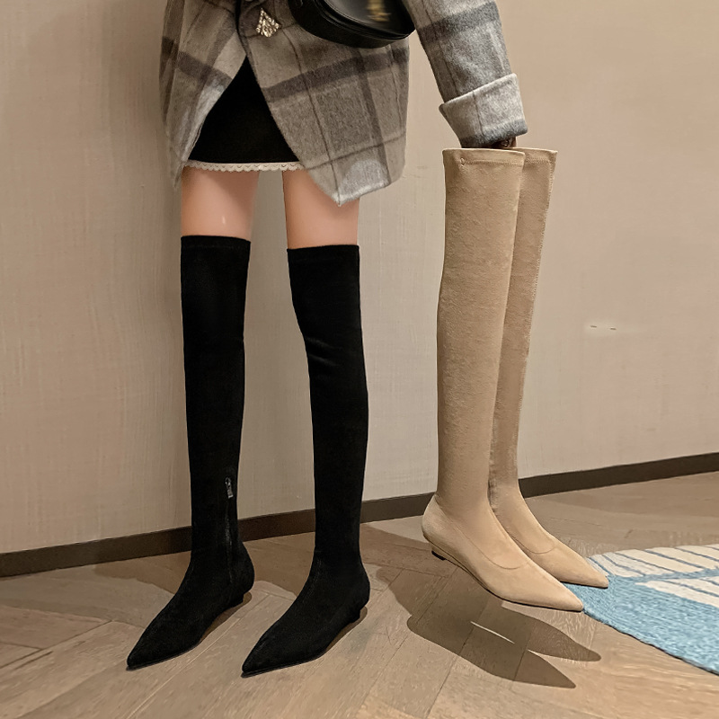 Flat Over-the-Knee Boots Women's Autumn and Winter Suede High Boots Stretch Boots plus size 41 Knight Boots 43 Pointed Toe Boots