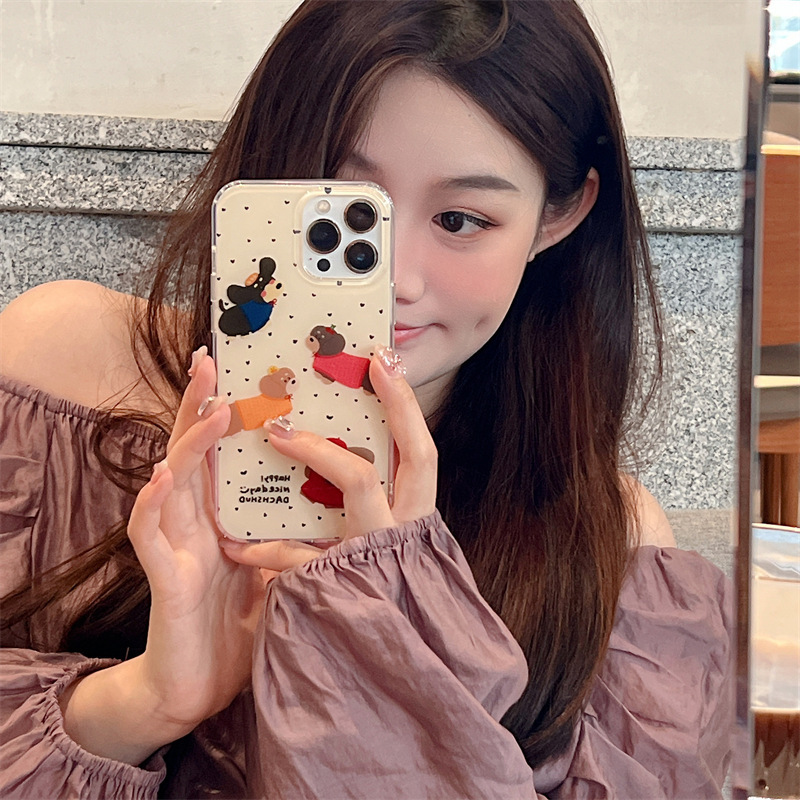 Reba mismo estilo pantalla completa pequeño amor salchicha perro para iPhone14 funda para teléfono móvil 15ProMax Apple 12 hembra 13