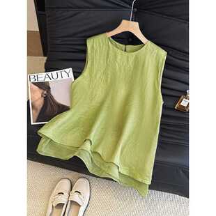 High-End Splicing Layered Fake Two-Piece A-Line Sleeveless Linen Vest for Women's Summer Outer Sleeveless Vest Top