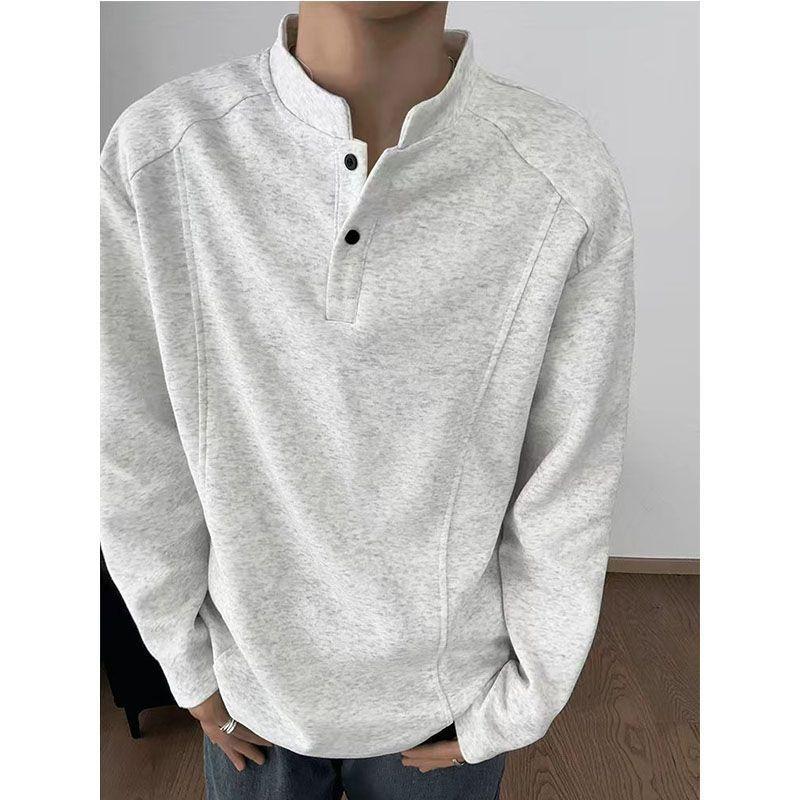 Gray Henry collar long-sleeve polo shirt for men, American style, deconstructed patchwork, regular shoulder T-shirt, boxy fit, suitable for layering with a sweatshirt