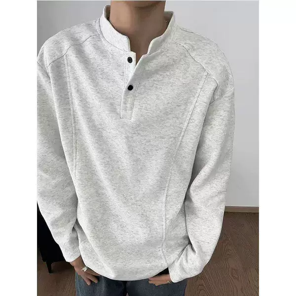 Gray Henry collar long-sleeve polo shirt for men, American style, deconstructed patchwork, regular shoulder T-shirt, boxy fit, suitable for layering with a sweatshirt