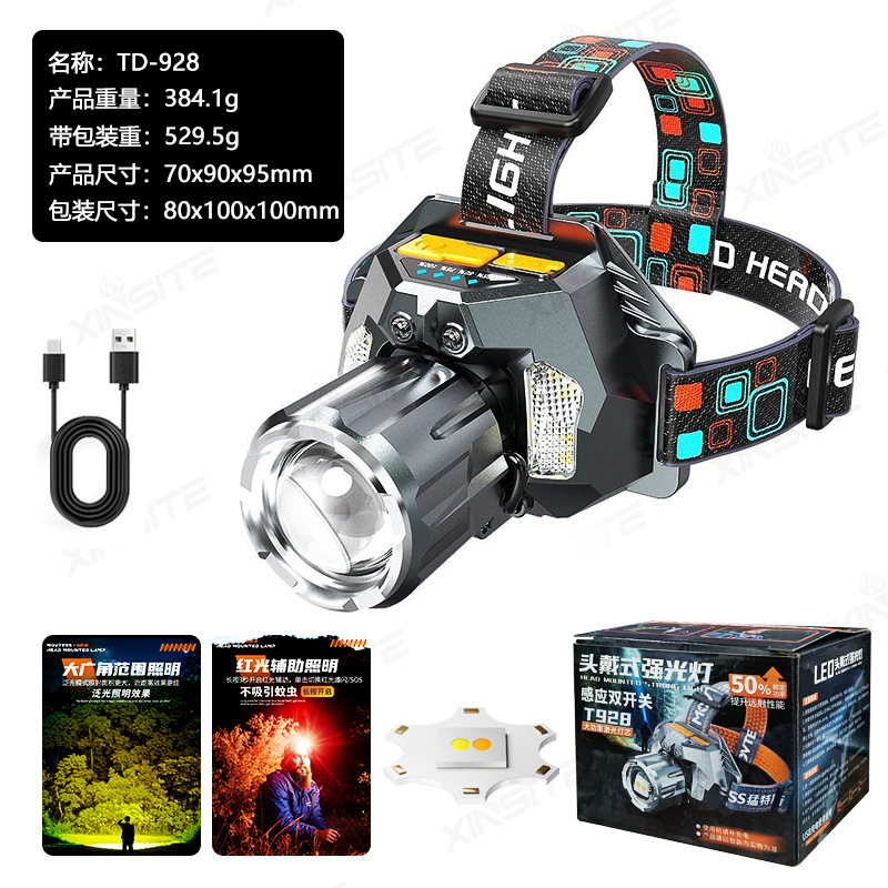 Nuevo LED luz fuerte luz de luz amarillo y blanco doble fuente de luz luz luz luz de pesca nocturna de inducción al aire libre luz de largo alcance super brillante montada en la cabeza lámpara de mina