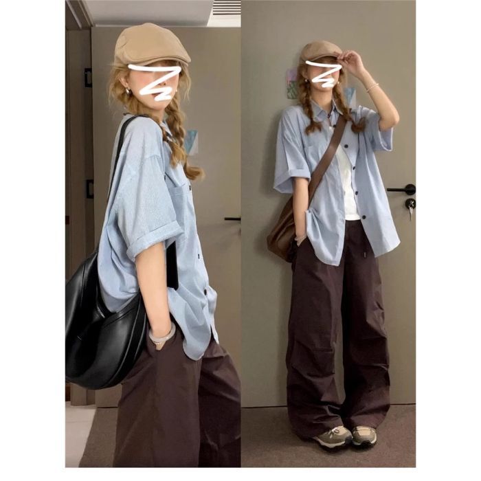 ブルー日焼け止め半袖シャツジャケット女性のための夏の 2025 新しいハイエンドルーズシャツフレンチスタイルトップ|undefined