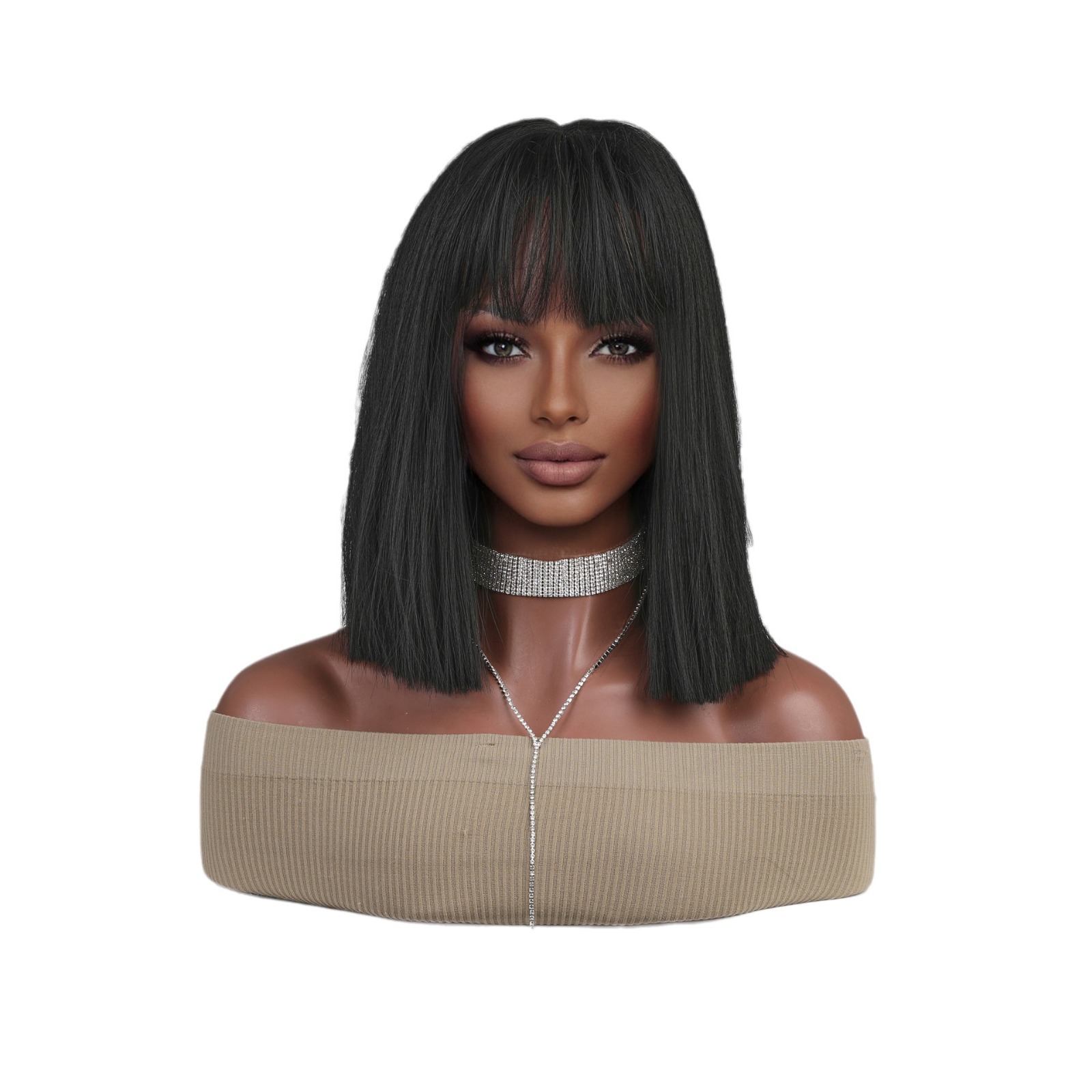 Comercio exterior europeo y americano moda transfronteriza nueva peluca femenina negro natural recto Bangs hombro Bobo pelo corto recto cubierta de la cabeza completa