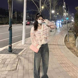 春秋小香风条纹针织开衫女装日系复古毛衣外套宽松慵懒风休闲上衣
