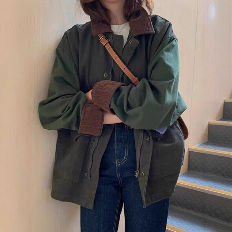 American retro military green lapel workwear windbreaker jacket for women, spring high-end mid-length loose top American retro military green lapel workwear windbreaker jacket for women, spring high-end mid-length loose top