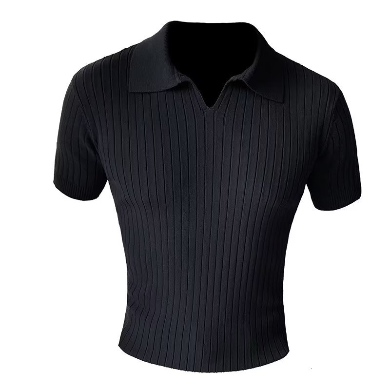 Camisa de polo de manga corta de punto con cuello en V de moda delgada para hombre de verano, camiseta de solapa de seda de hielo a rayas de moda juvenil, base