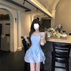 フレンチスイートガールスタイルのリボンサスペンダードレス、女性用夏デザイン、ワンスカート、マルチウェアAラインスカート、ブルーショートスカート