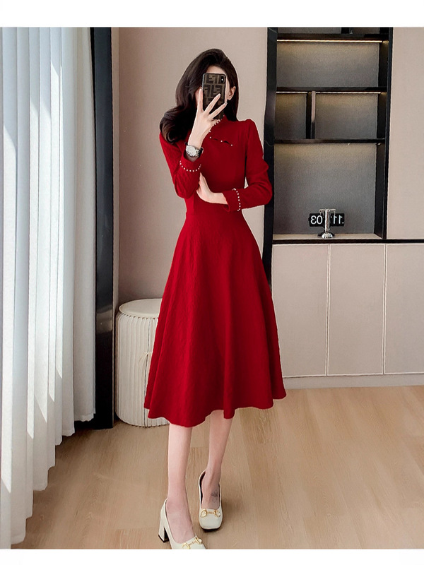 新中式酒红色新娘敬酒服轻奢小众气质结婚回门便装订婚礼服连衣裙|undefined