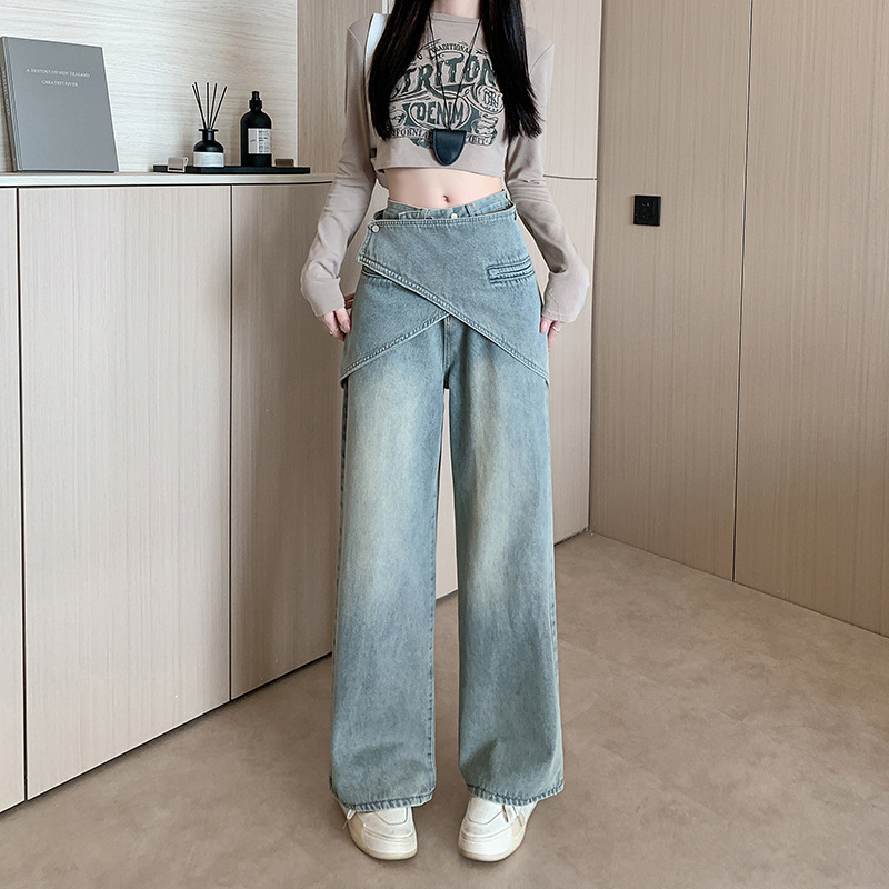 Irregular Fake Two-Piece Wide-Leg Pants Jeans Women's Spring and Autumn Design Sense High Waist Slimming Loose Straight Long Pants