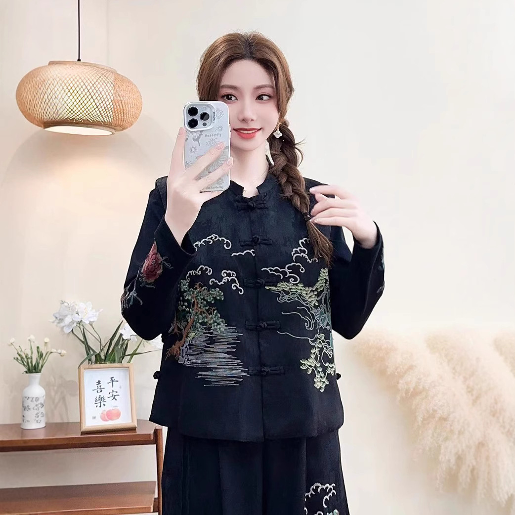2025 년 봄 새로운 새틴 자수 새로운 중국 스타일 빈티지 문학 스타일 조끼 짧은 민소매 자카드